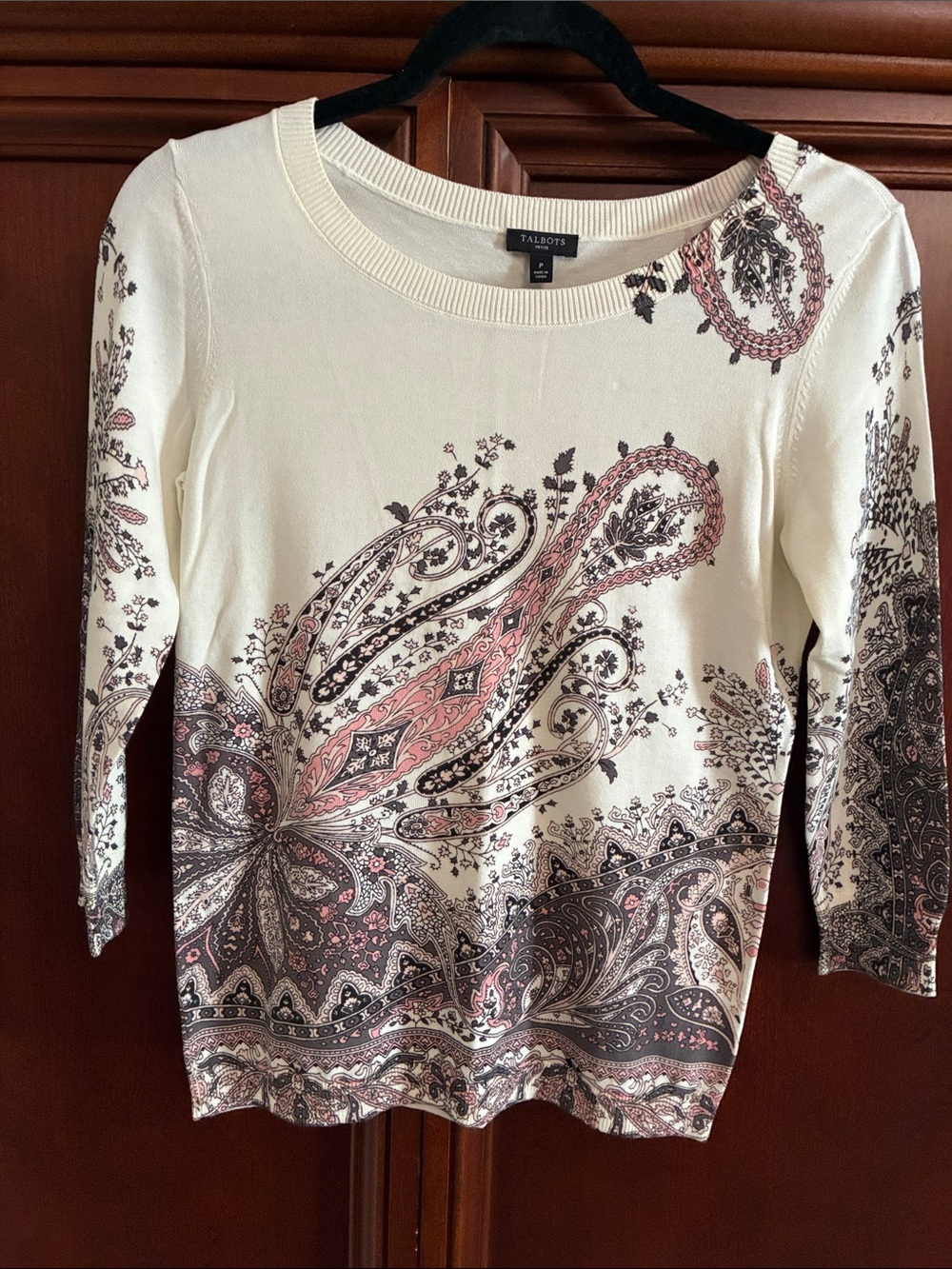 Talbots Cream Paisley Scoop Neck Sweater with Pink and Brown Accents